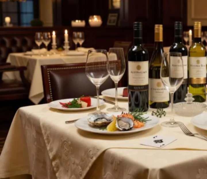 Selection of Australian wines arranged on a table in a softly lit restaurant.