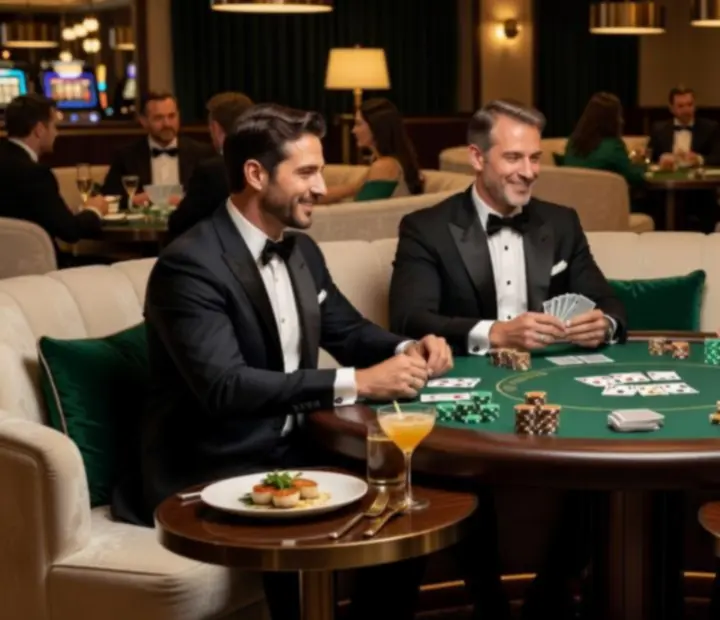 Guests enjoying poker at CEWE Magyarország Korlátolt Felelősségű Társaság casino lounge tables with fine dining and warm lighting.