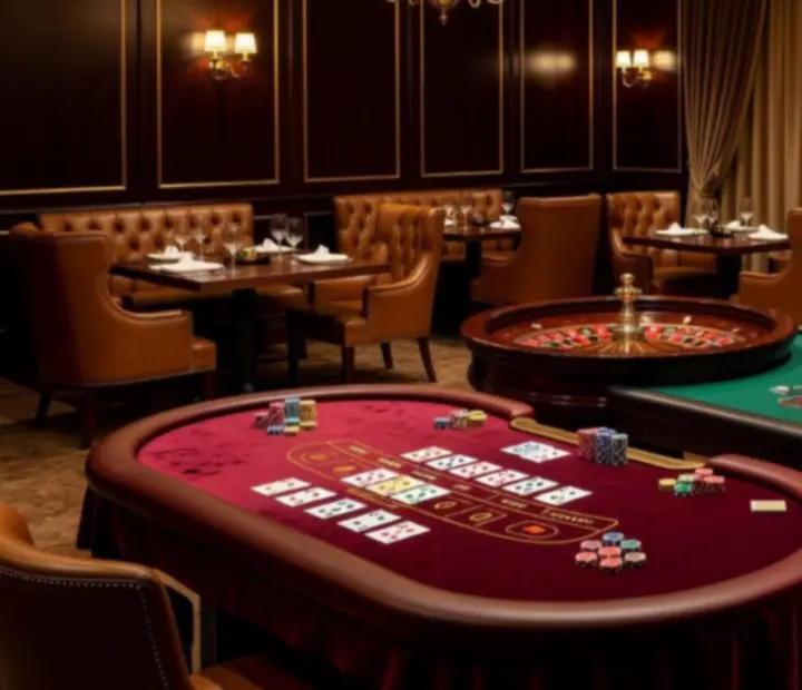 Casino lounge tables prepared for poker, roulette and blackjack with premium chips and cards.