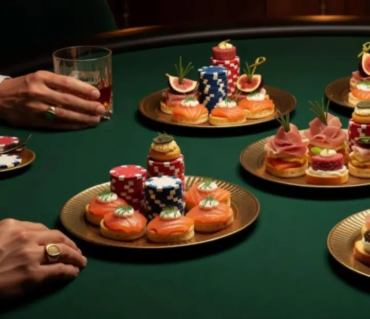 Assorted sharing platters and amuse-bouches displayed on poker and roulette-style tables in a softly lit casino lounge.