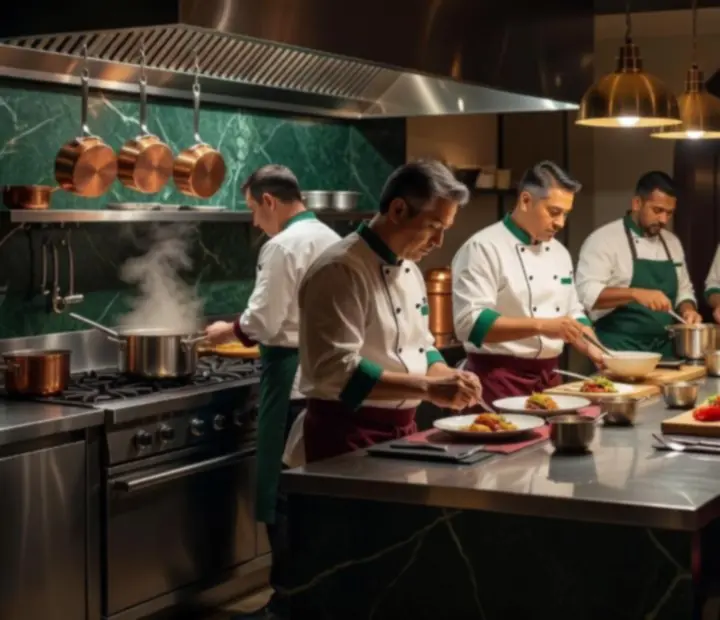 Kitchen team plating dishes together in the restaurant kitchen