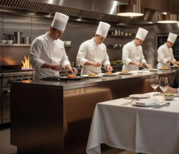 Chef's table beside an open kitchen at CEWE Magyarország Korlátolt Felelősségű Társaság, with guests watching dishes being plated.