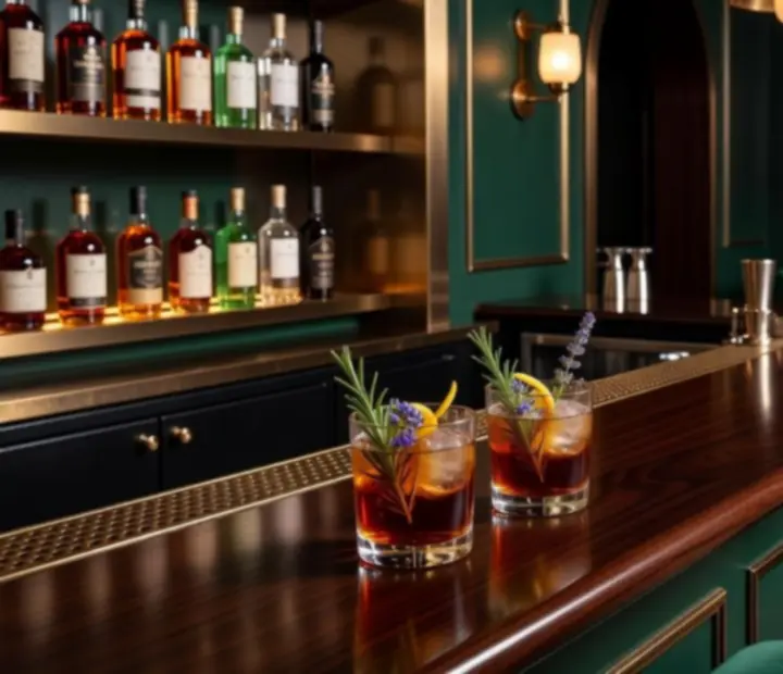 Cocktail bar with emerald lighting, casino chips and playing cards arranged beside elegant drinks