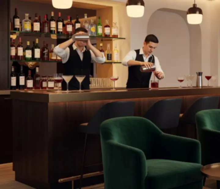 Bartenders crafting cocktails at a marble bar with a softly lit casino lounge in the background.