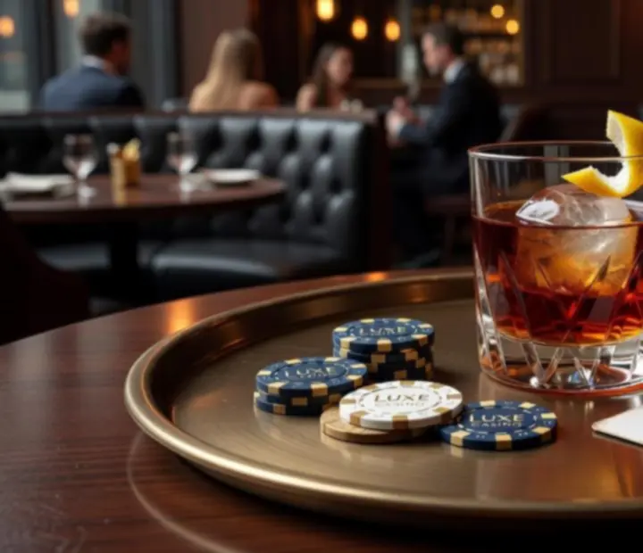 Elegant cocktails on a marble bar accented with casino chips and refined glassware.