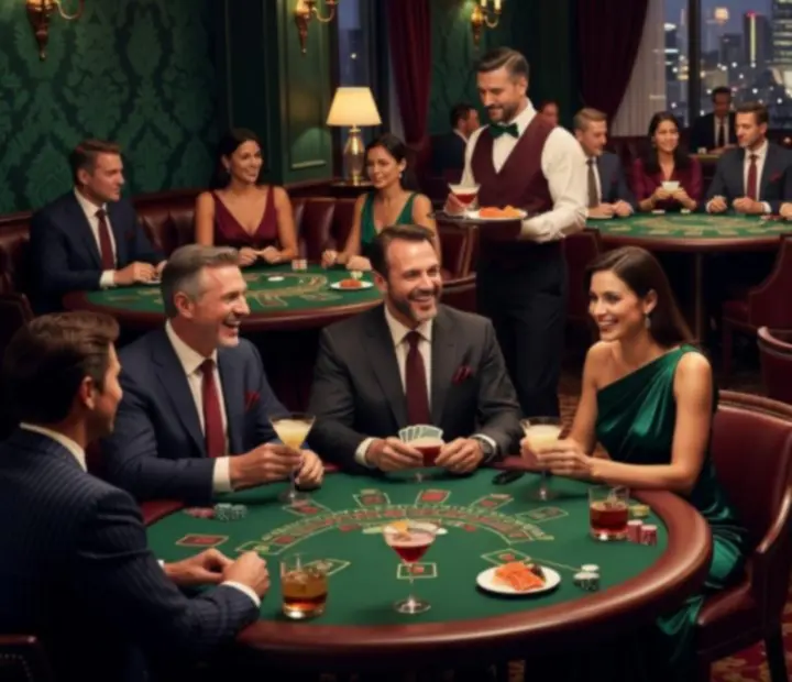 Guests enjoying cocktails beside poker and roulette tables in a softly lit lounge.