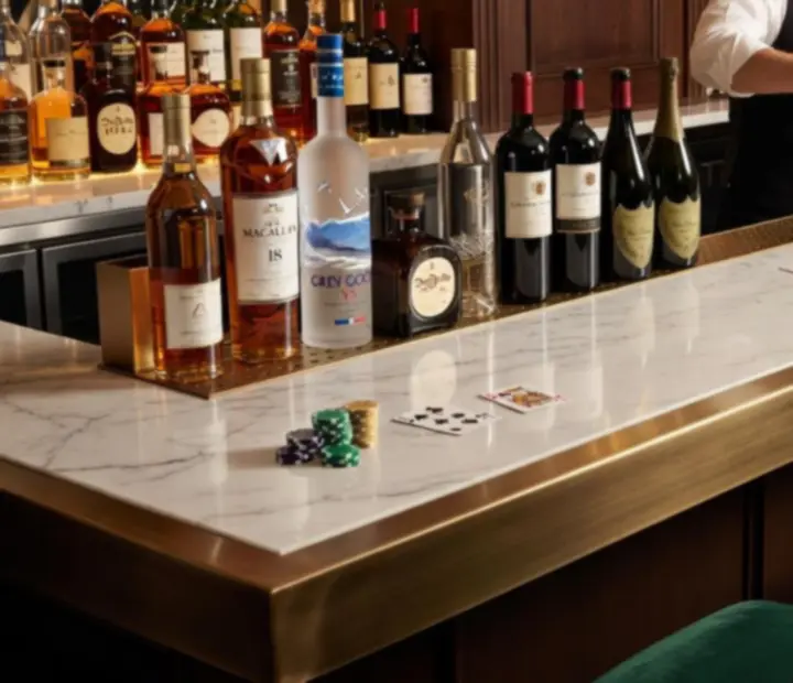 Cocktail and wine bar with illuminated bottles and warm evening lighting