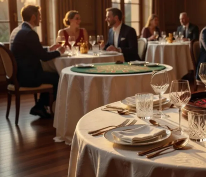 Warmly lit restaurant interior with polished table settings and subtle casino motifs such as cards and chips.