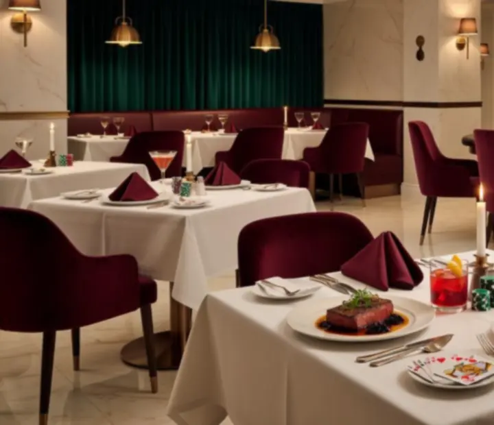 An elegant casino-themed restaurant table featuring plated dishes, poker chips and warm evening lighting at CEWE Magyarország Korlátolt Felelősségű Társaság.