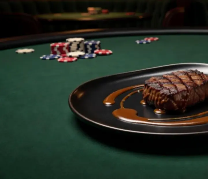 Charcoal-grilled Wagyu fillet plated on a casino-inspired table setting with emerald and burgundy details.