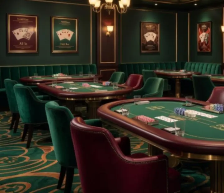 Atmospheric poker lounge with warm evening lighting, emerald tables and brushed bronze details.