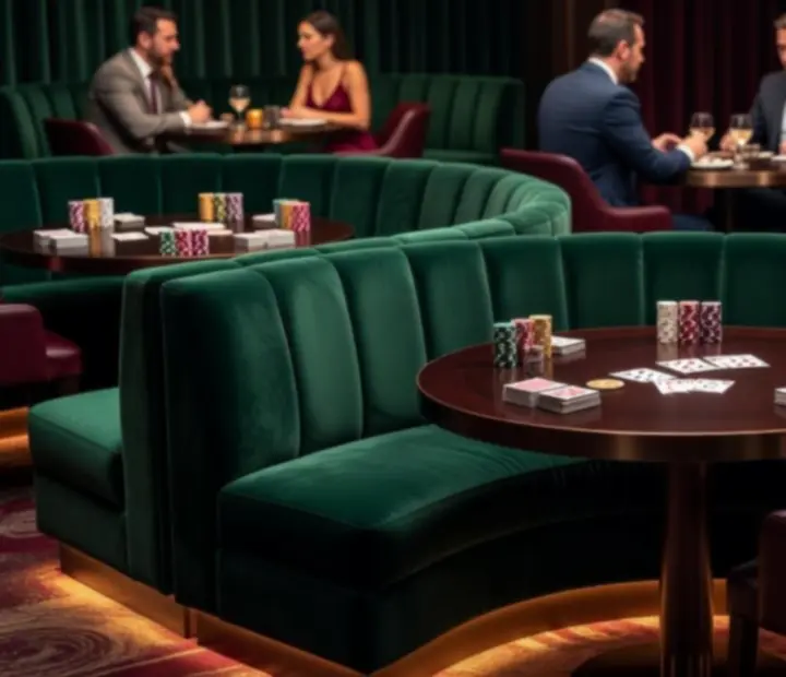 Poker lounge inside CEWE Magyarország Korlátolt Felelősségű Társaság featuring emerald seating, poker tables and custom casino chips.