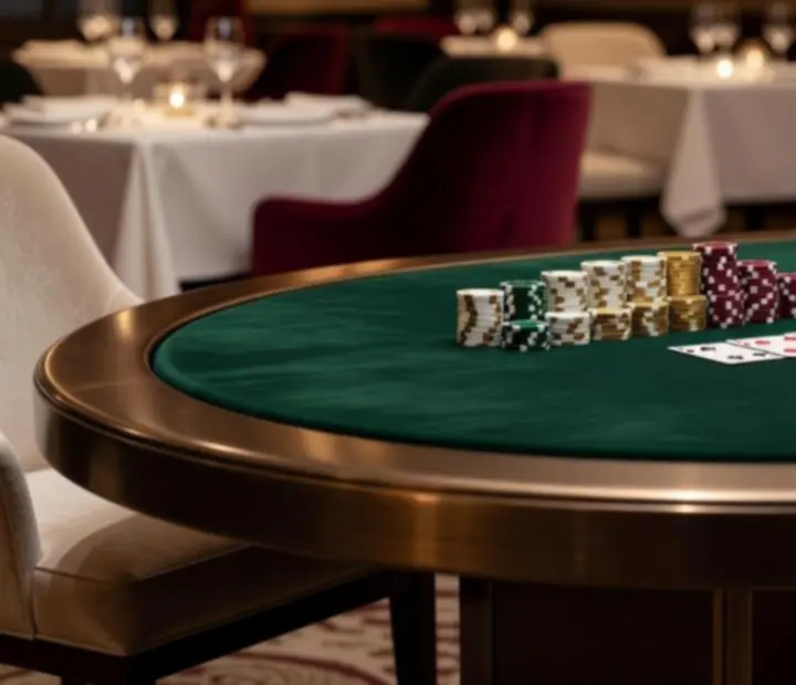 Detail of an elegant poker table with cards and casino chips in a refined restaurant setting.