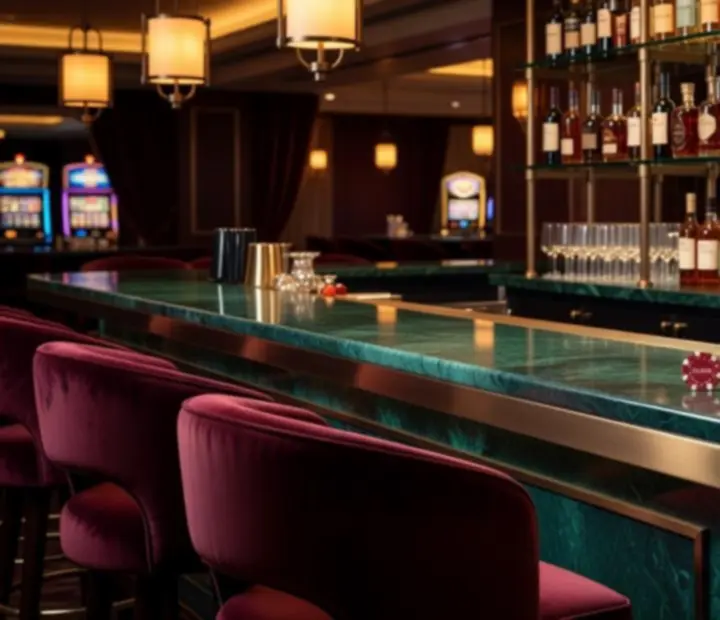 Emerald stone bar at CEWE Magyarország Korlátolt Felelősségű Társaság with brushed bronze detailing, glass shelving and cocktail seating.