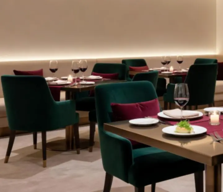 Luxury Australian bistro interior with casino-themed lounge and softly lit dining tables
