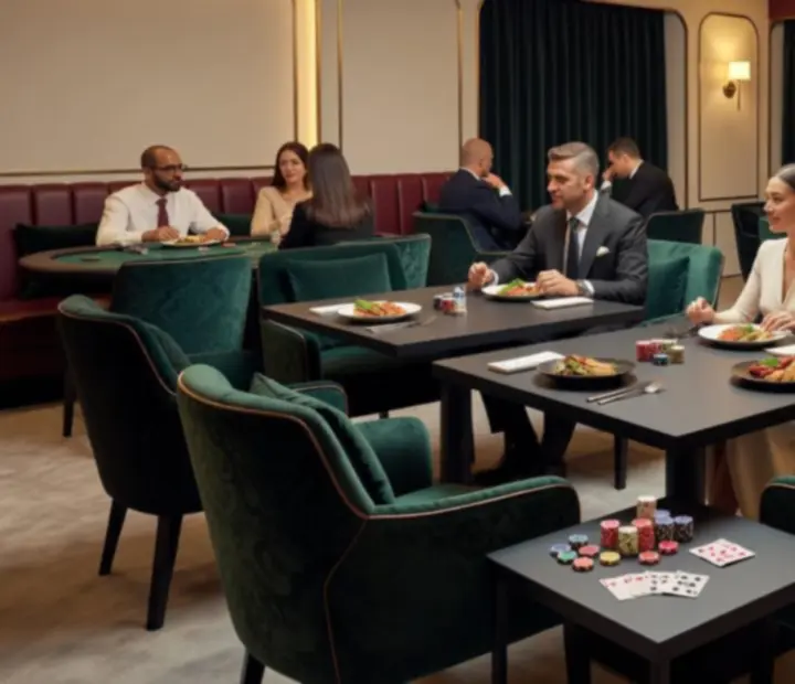 CEWE Magyarország Korlátolt Felelősségű Társaság dining room with ivory walls, emerald seating and a refined casino lounge backdrop