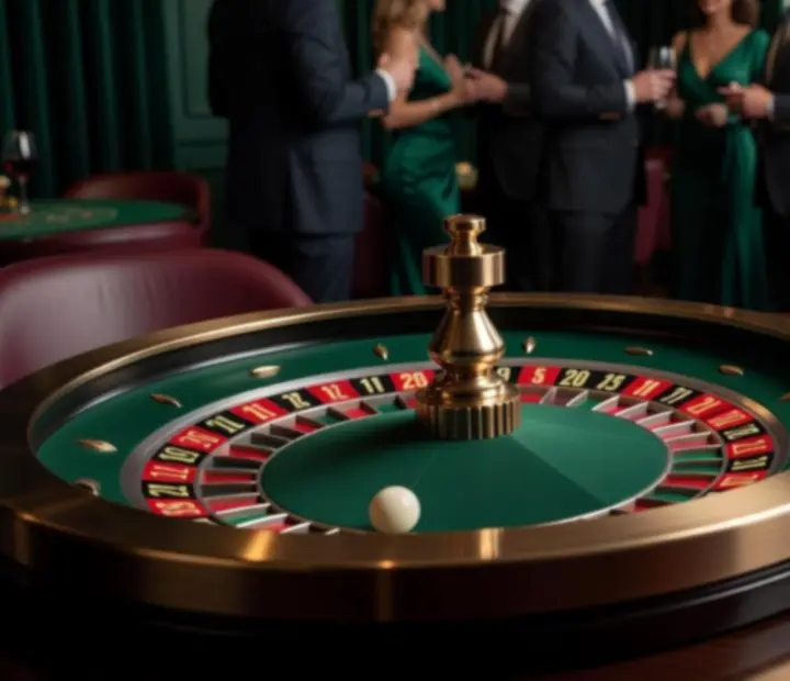 Guests enjoying wine and dessert beside a polished roulette wheel at CEWE Magyarország Korlátolt Felelősségű Társaság.