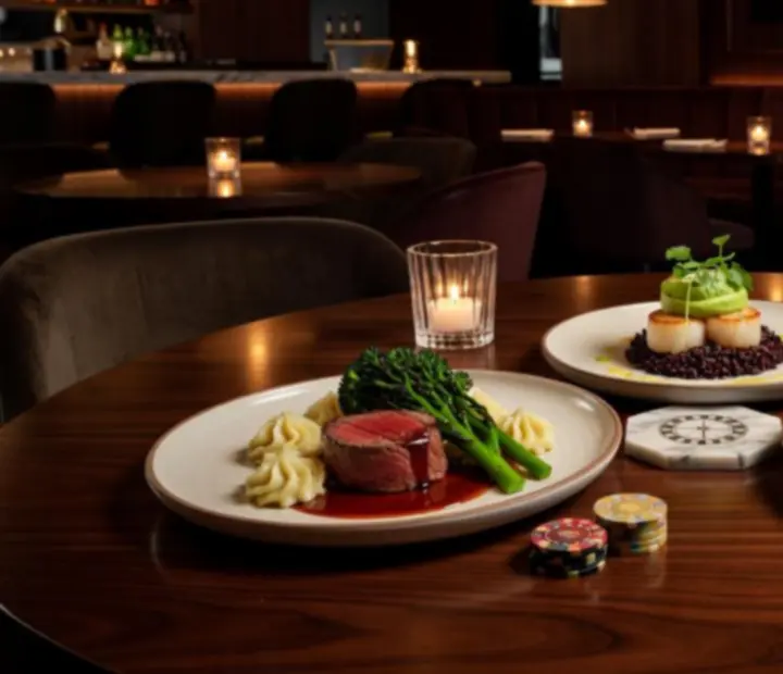 Selection of signature dishes arranged on a table in the casino-themed restaurant