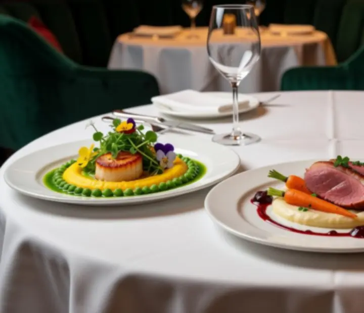 Signature dishes plated on ivory china in a softly lit casino-themed restaurant interior