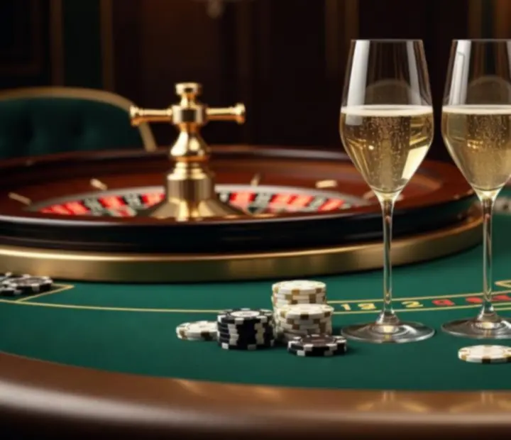 Glasses of sparkling wine beside casino chips on a refined table.
