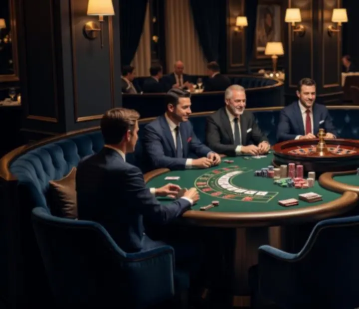 Poker, roulette and blackjack tables arranged in a warm casino lounge beside the restaurant