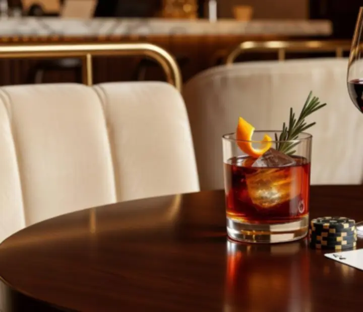 Wine and cocktail pairings arranged beside a plated dish in the restaurant